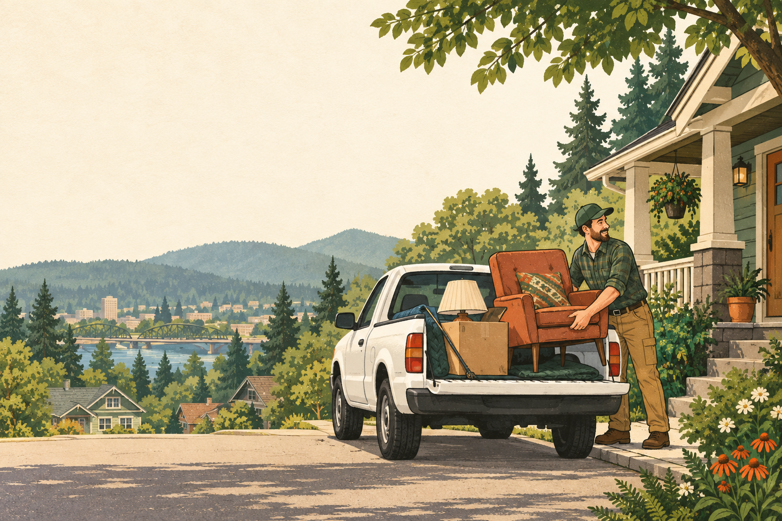 Illustration of a local driver loading a chair and lamp into a white pickup truck in Eugene.